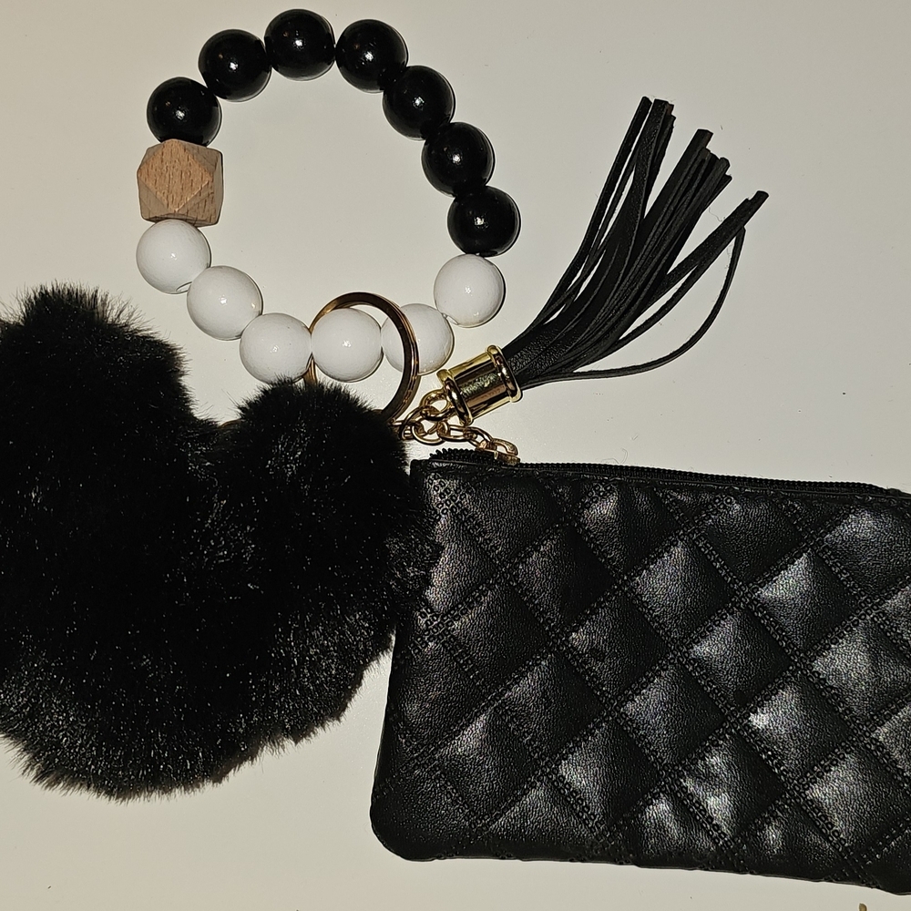 Black Quilted Wristlet Keychain with Heart Pom and Tassel - Picture 6 of 6